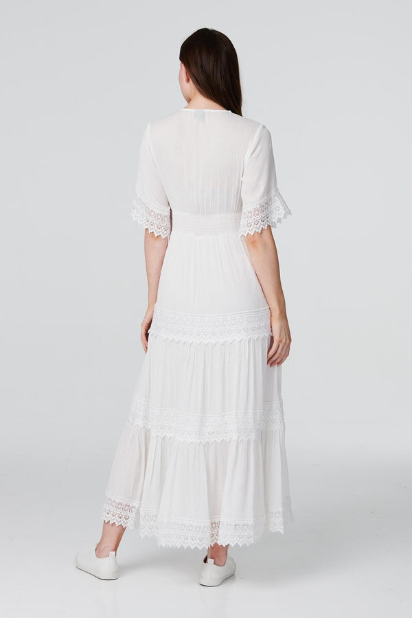 White | Short Sleeve Crochet Maxi Dress