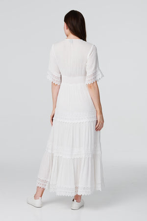 White | Short Sleeve Crochet Maxi Dress