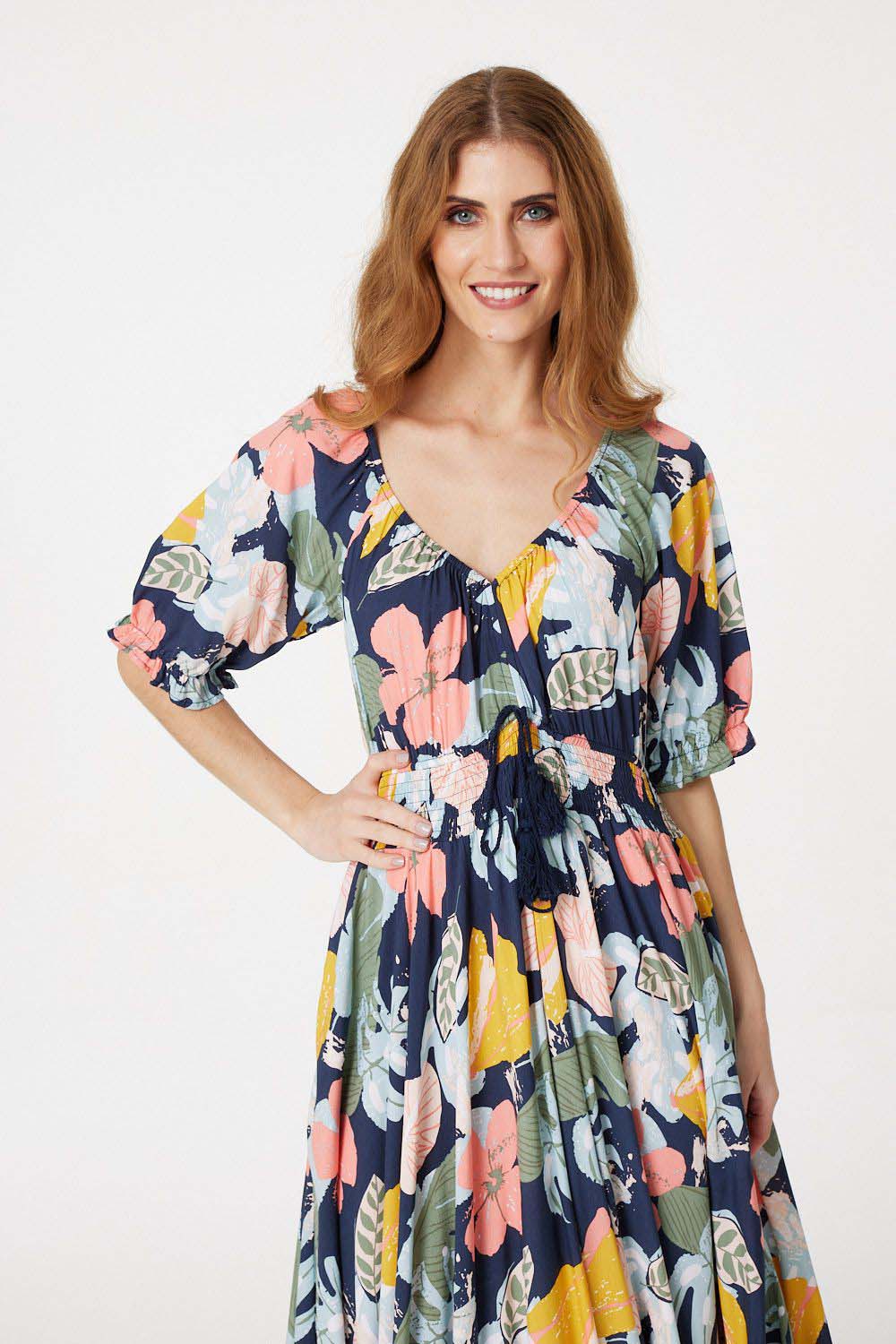 Navy | Retro Floral Short Sleeve Maxi Dress