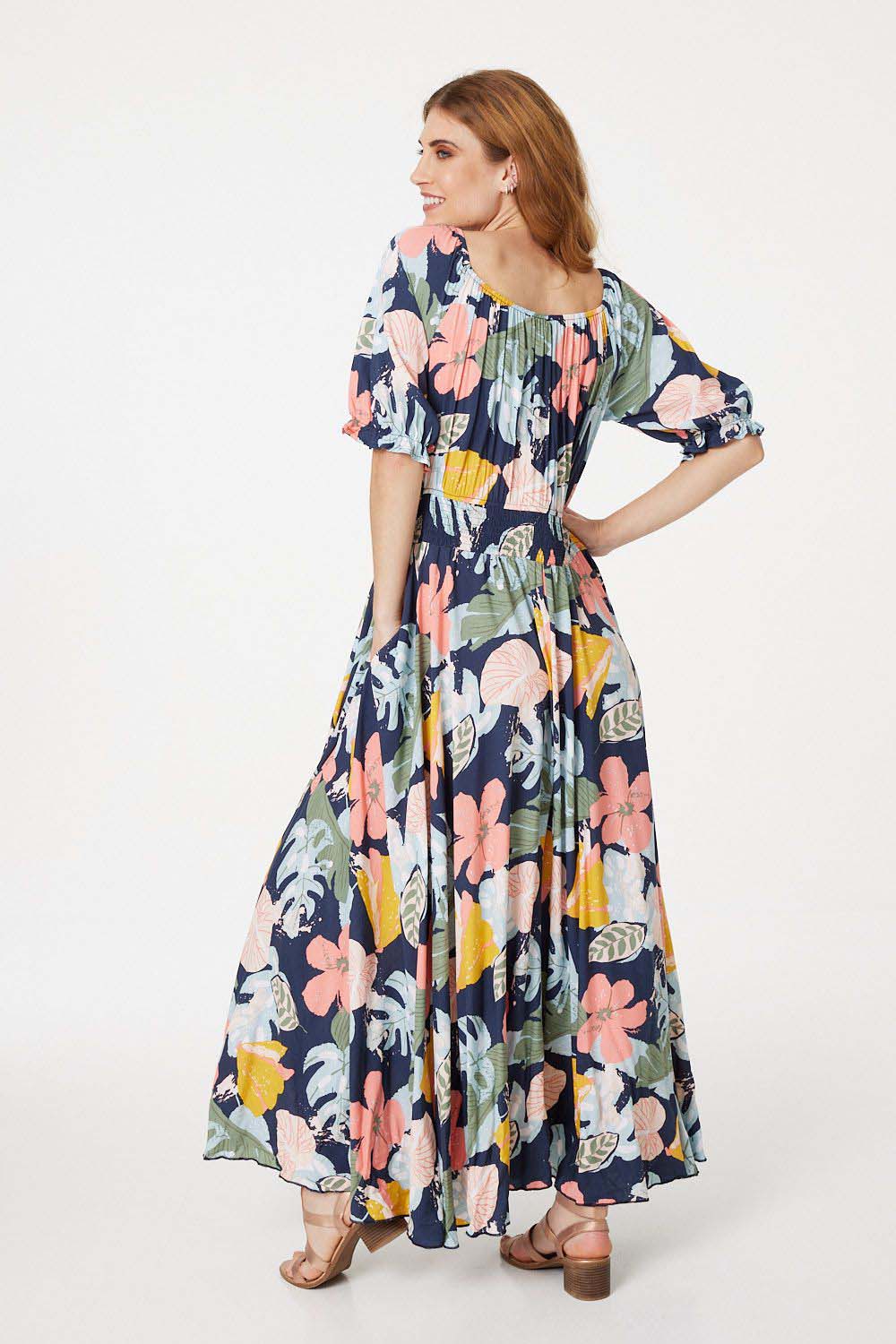 Navy | Retro Floral Short Sleeve Maxi Dress