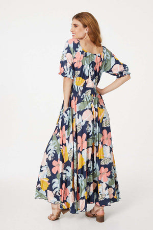 Navy | Retro Floral Short Sleeve Maxi Dress