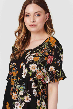Black | Floral Short Sleeve Smock Dress
