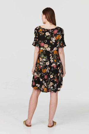 Black | Floral Short Sleeve Smock Dress