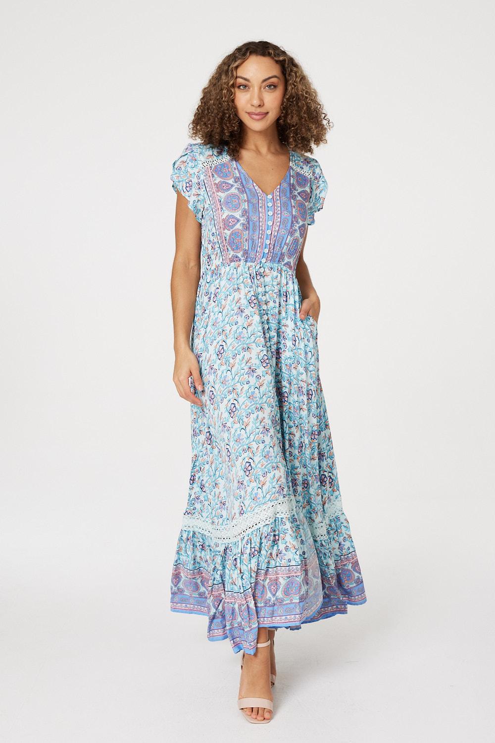 Blue | Printed Cap Sleeve Maxi Dress