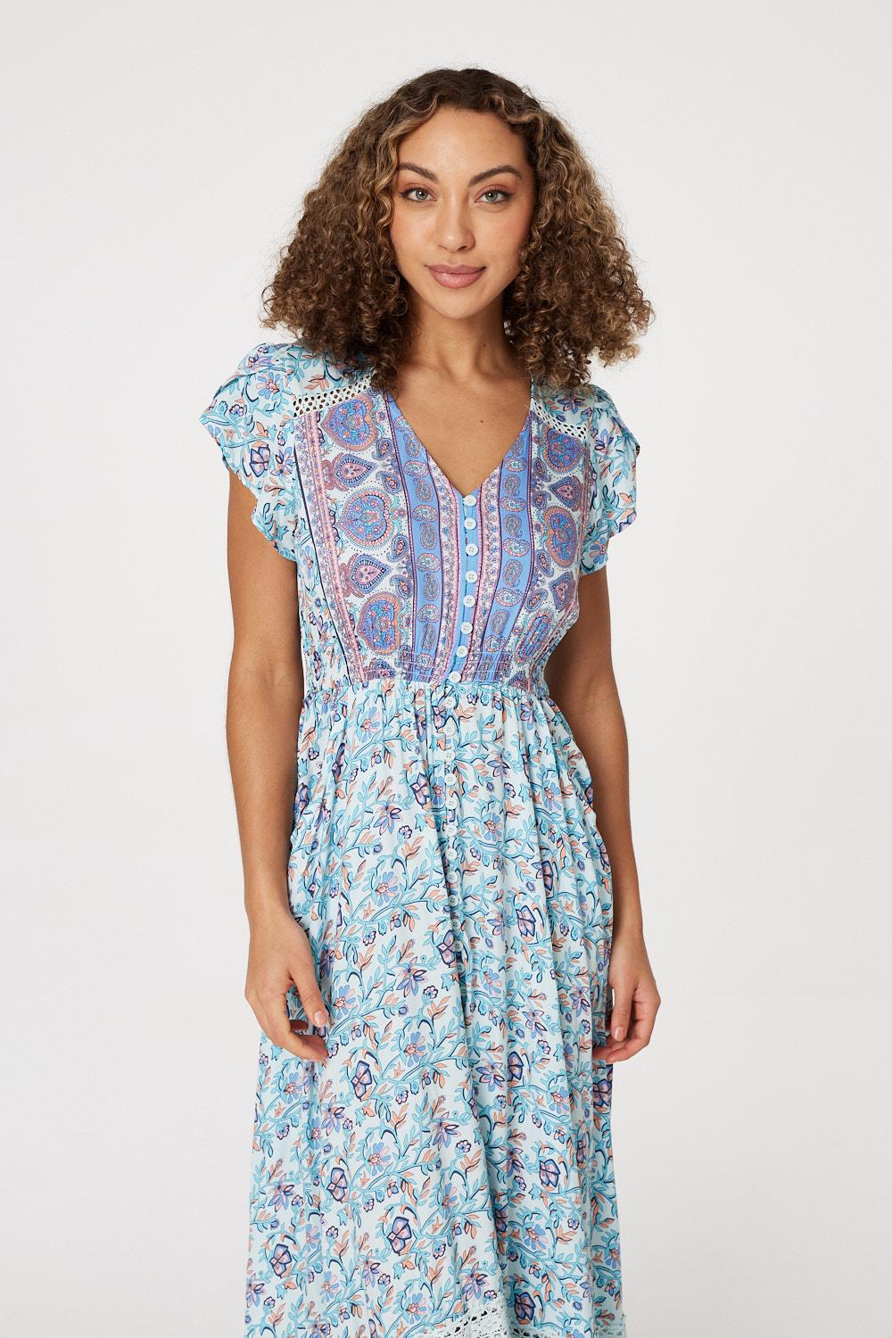 Blue | Printed Cap Sleeve Maxi Dress
