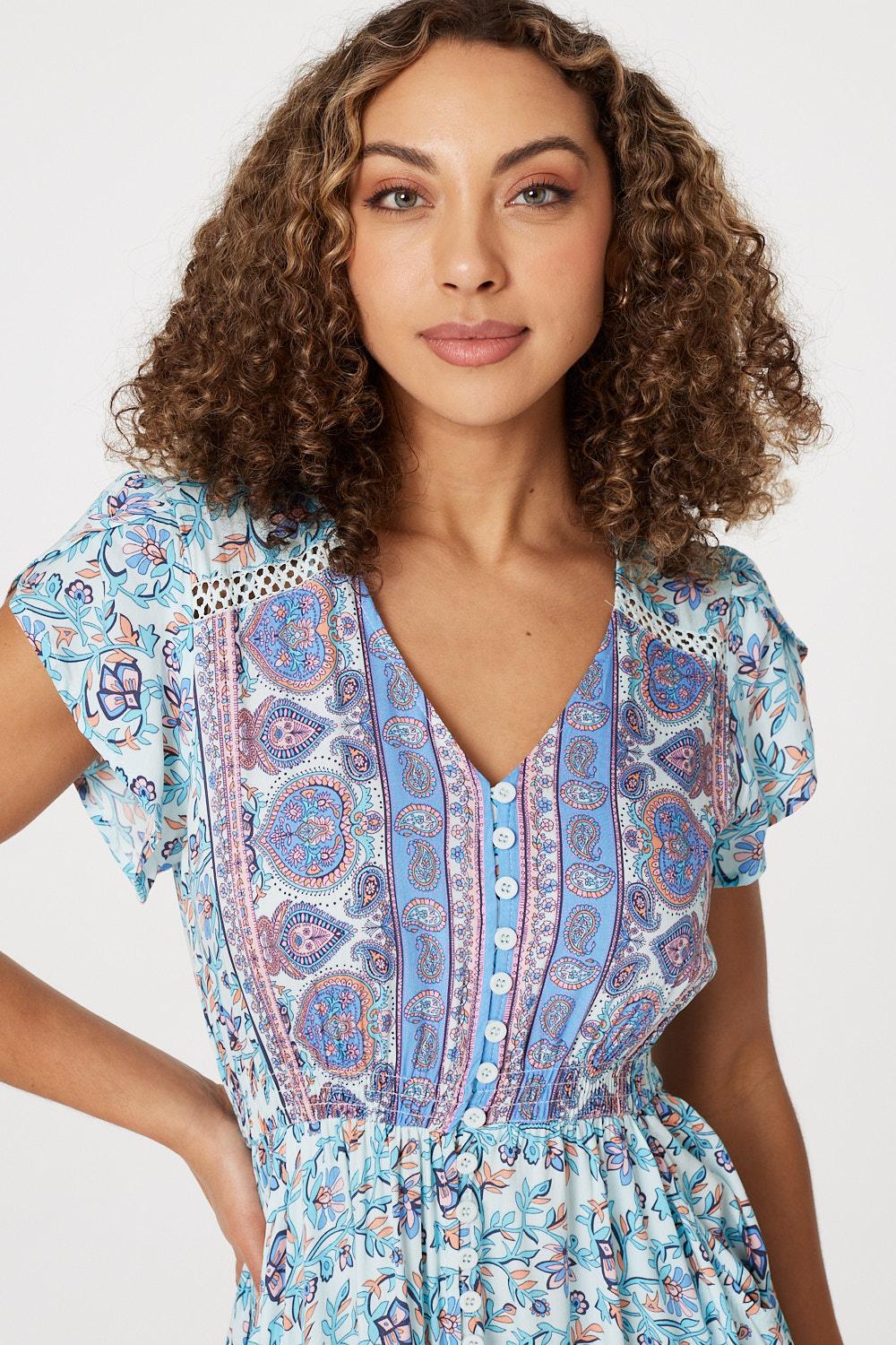 Blue | Printed Cap Sleeve Maxi Dress