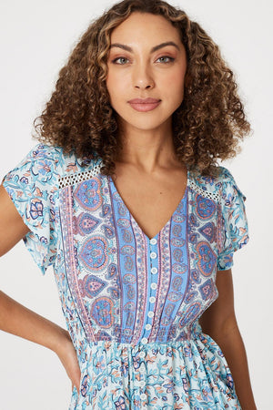 Blue | Printed Cap Sleeve Maxi Dress