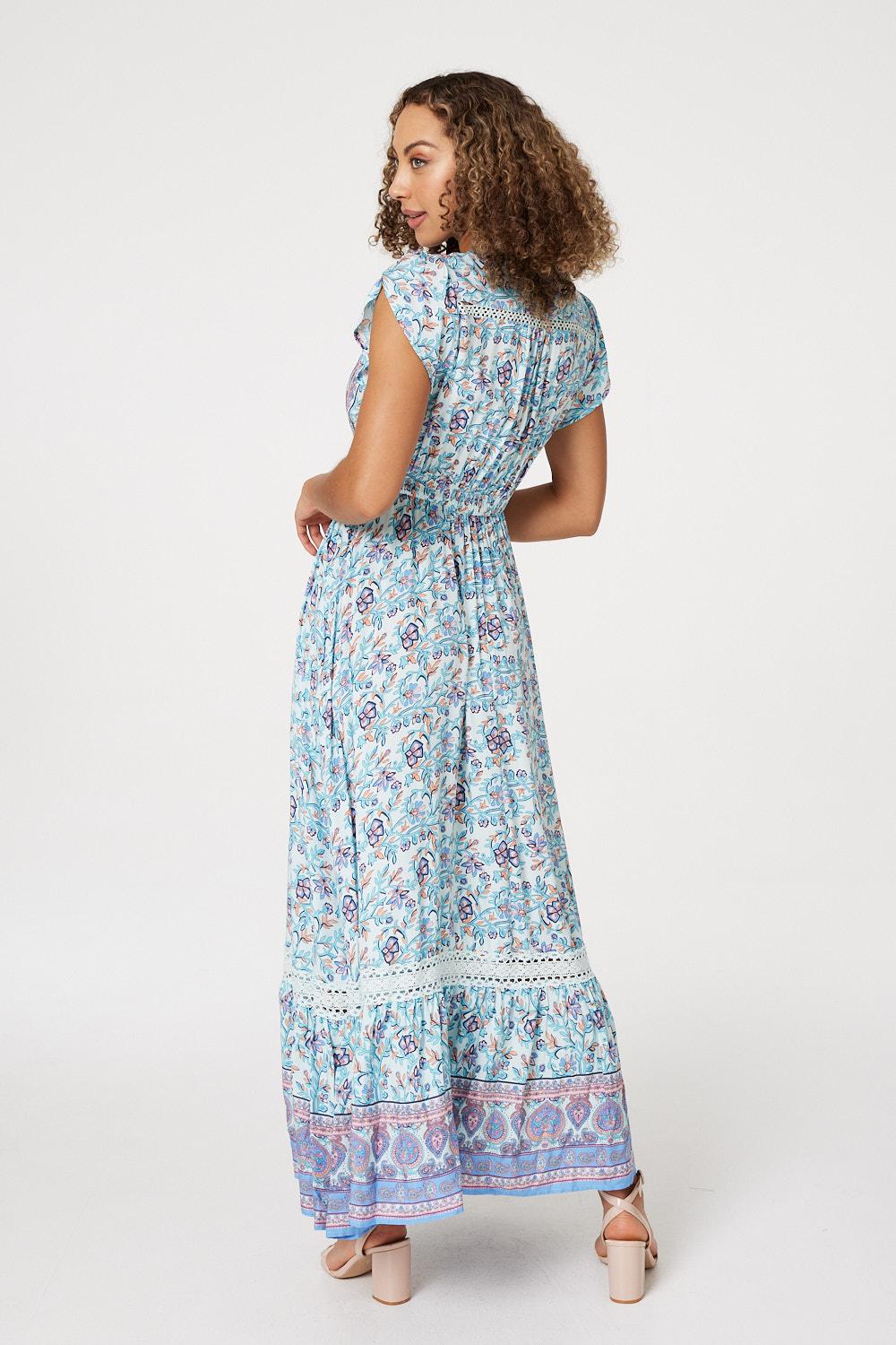Blue | Printed Cap Sleeve Maxi Dress