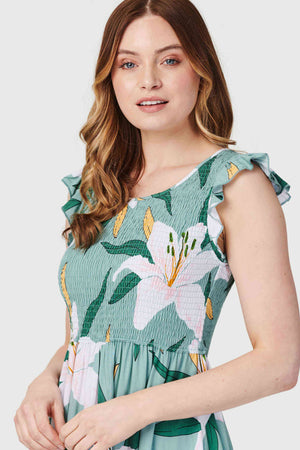 Green | Floral Frilled Sleeve Midi Dress