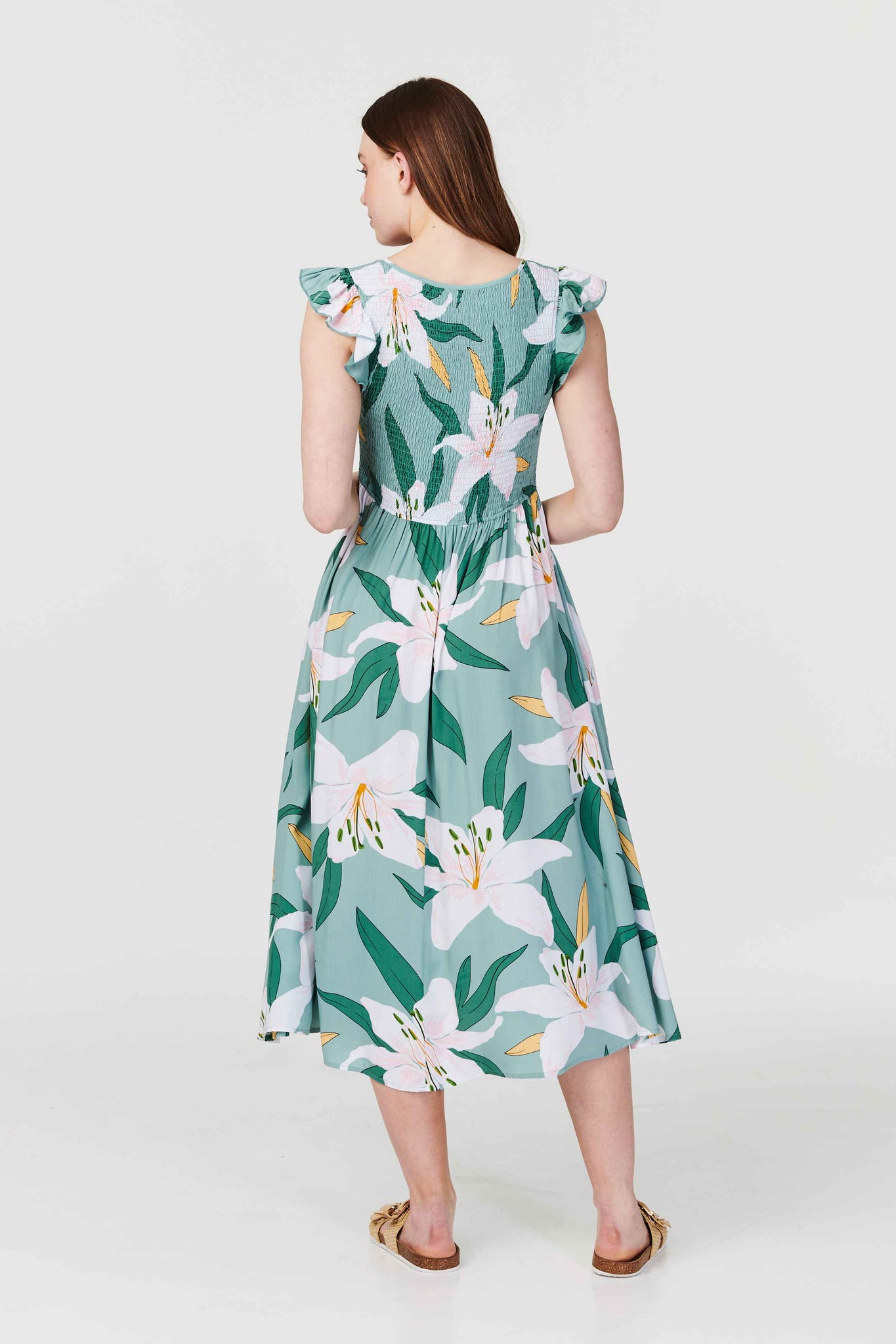Green | Floral Frilled Sleeve Midi Dress