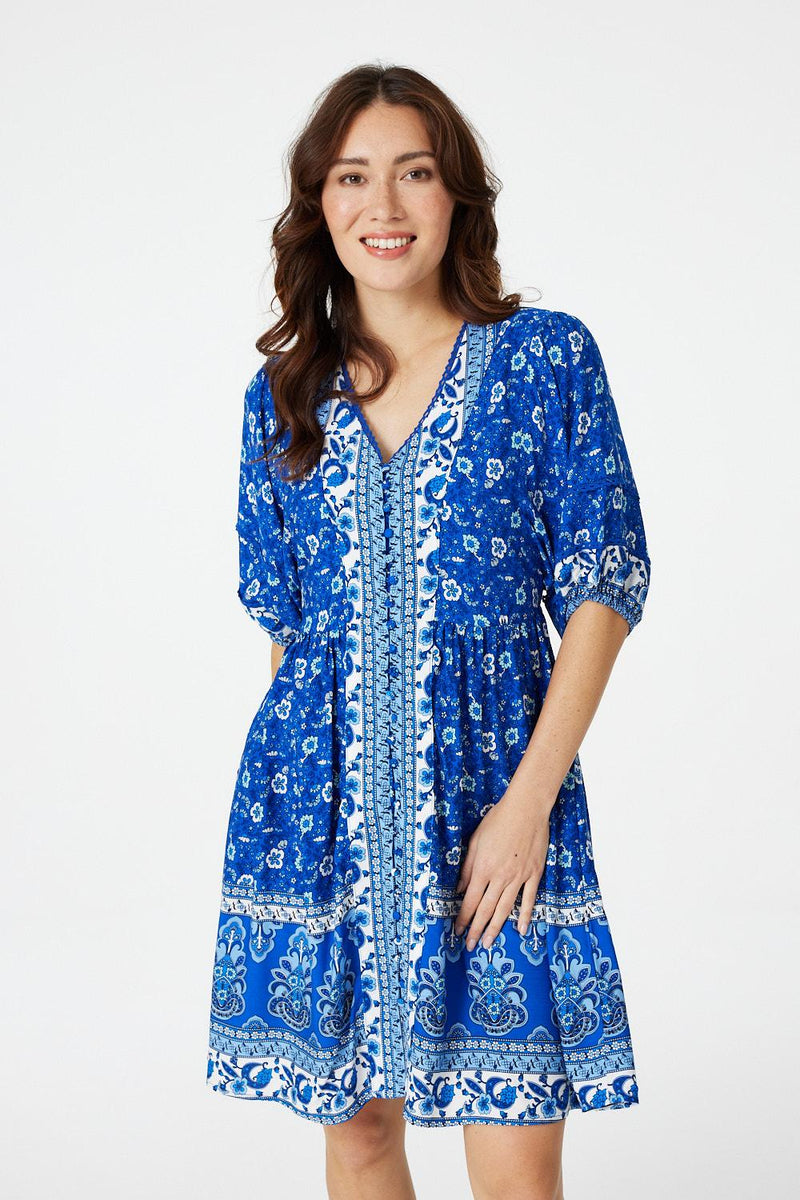 Blue | Floral Short Sleeve Short Dress