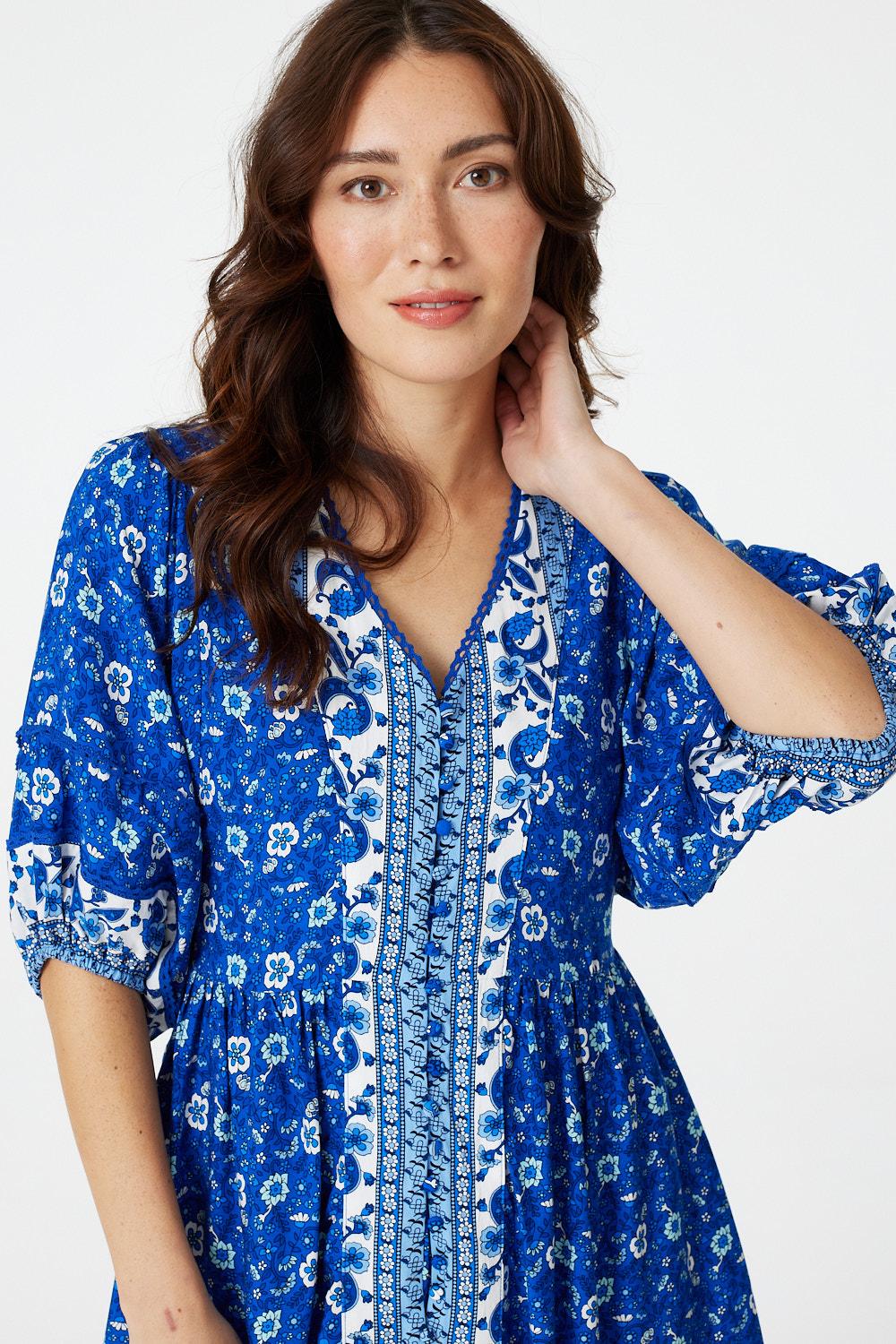Blue | Floral Short Sleeve Short Dress