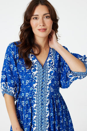 Blue | Floral Short Sleeve Short Dress