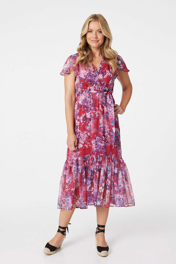 Pink | Floral Short Sleeve Tiered Midi Dress