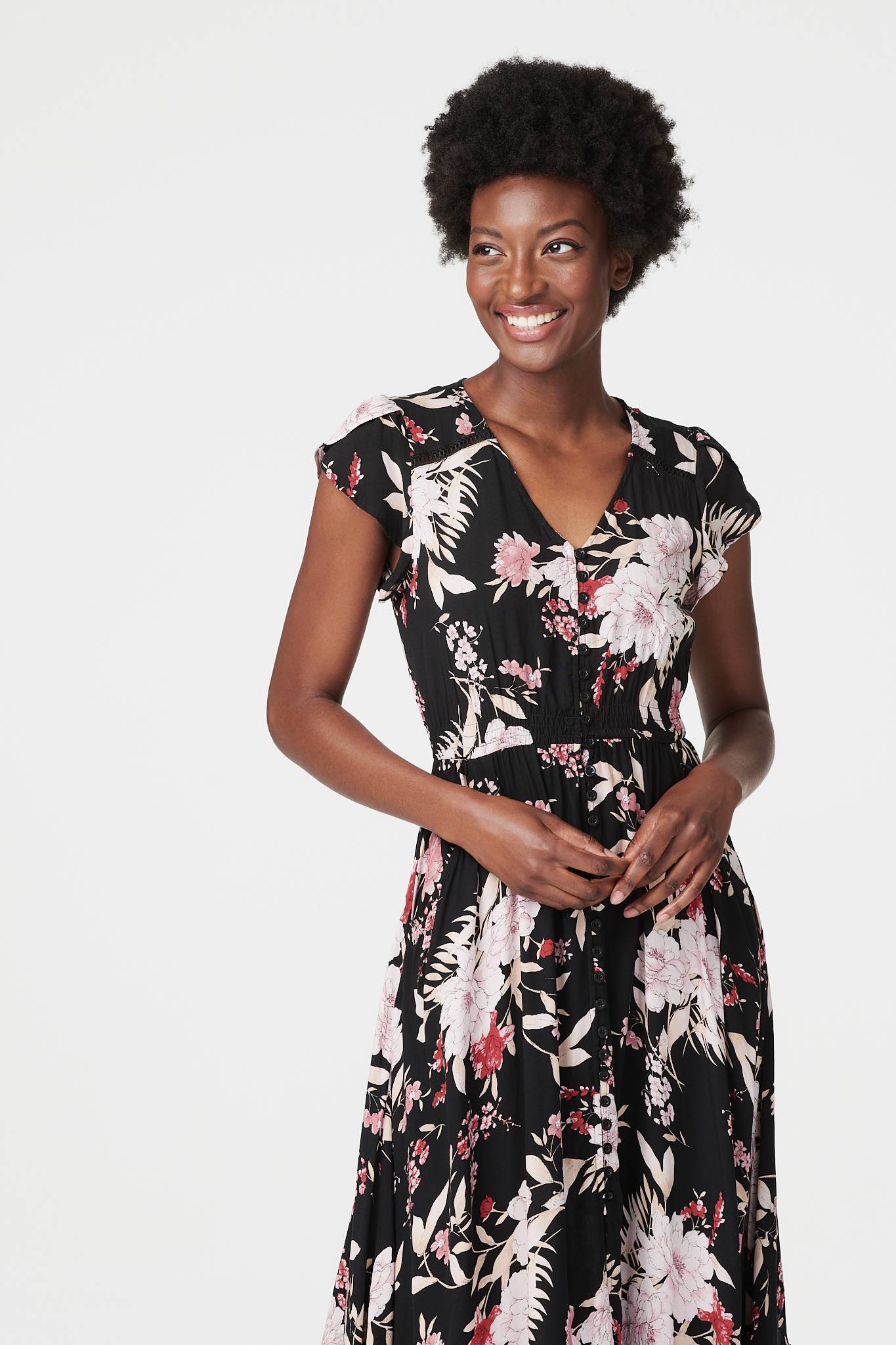Black | Floral V-Neck Tiered Maxi Dress
