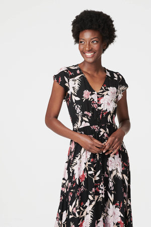 Black | Floral V-Neck Tiered Maxi Dress