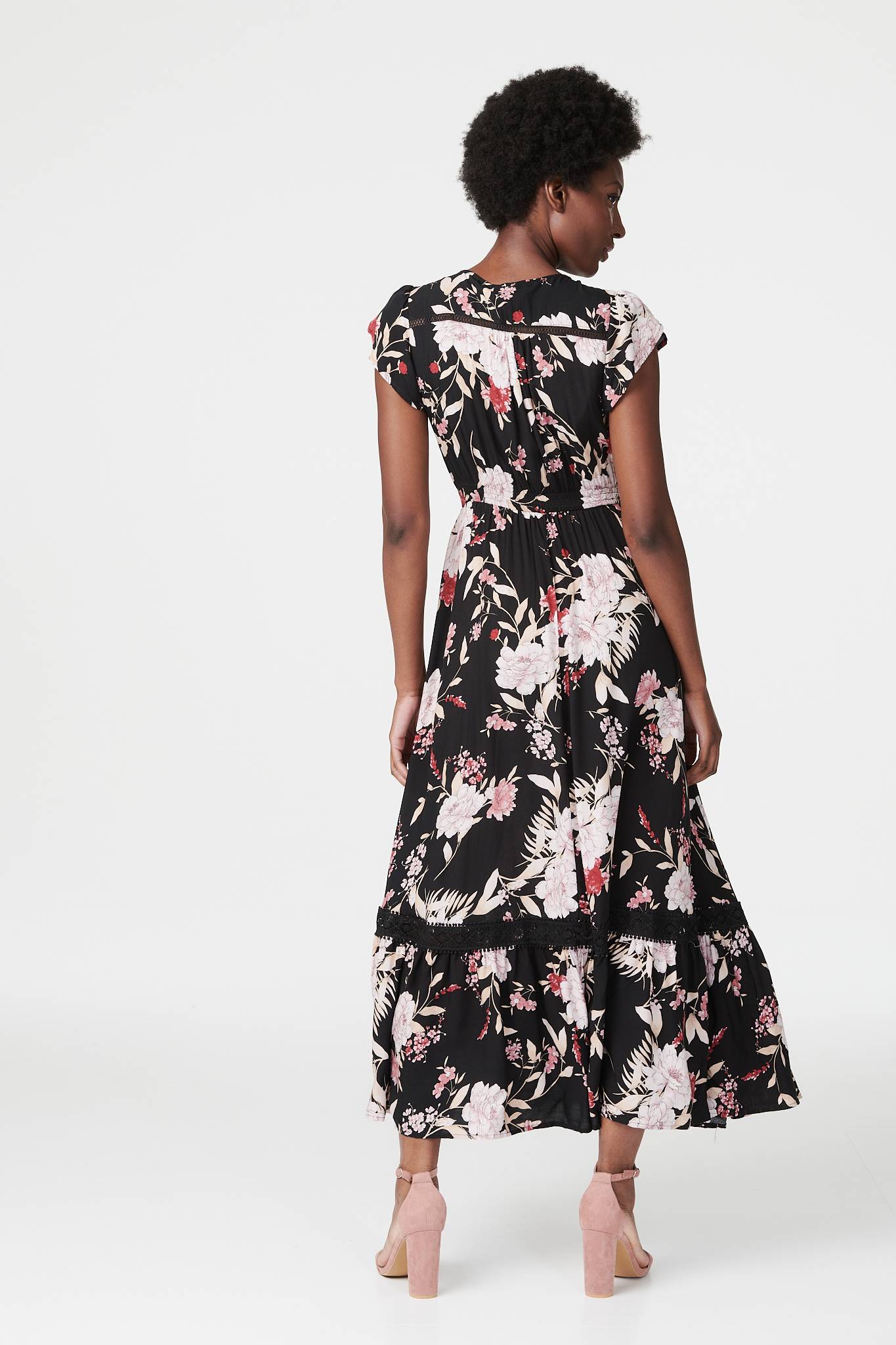 Black | Floral V-Neck Tiered Maxi Dress