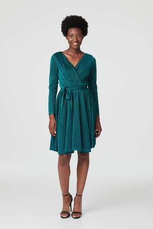 Green | Lurex Wrap Front Fit & Flare Dress