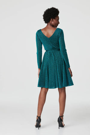 Green | Lurex Wrap Front Fit & Flare Dress