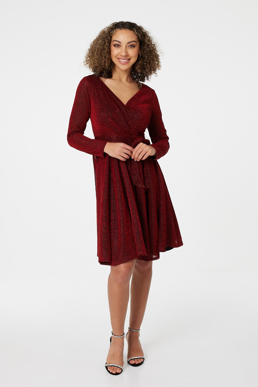Red | Lurex Wrap Front Fit & Flare Dress