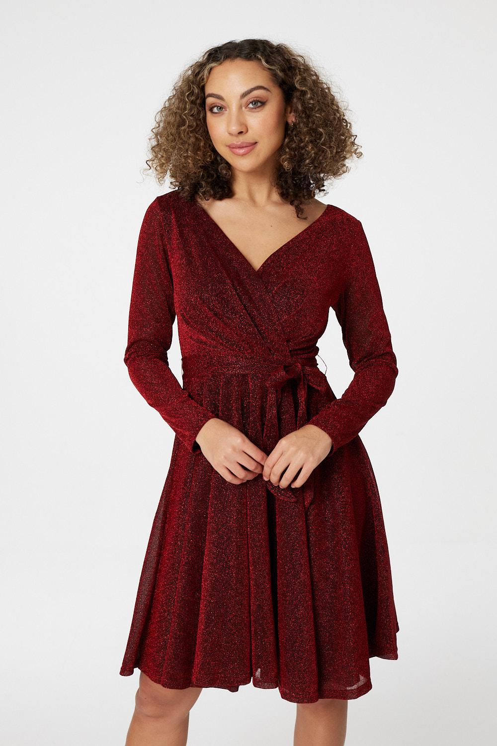 Red | Lurex Wrap Front Fit & Flare Dress