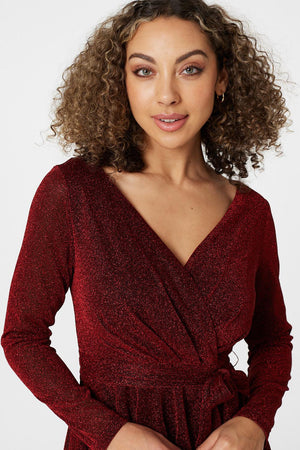 Red | Lurex Wrap Front Fit & Flare Dress
