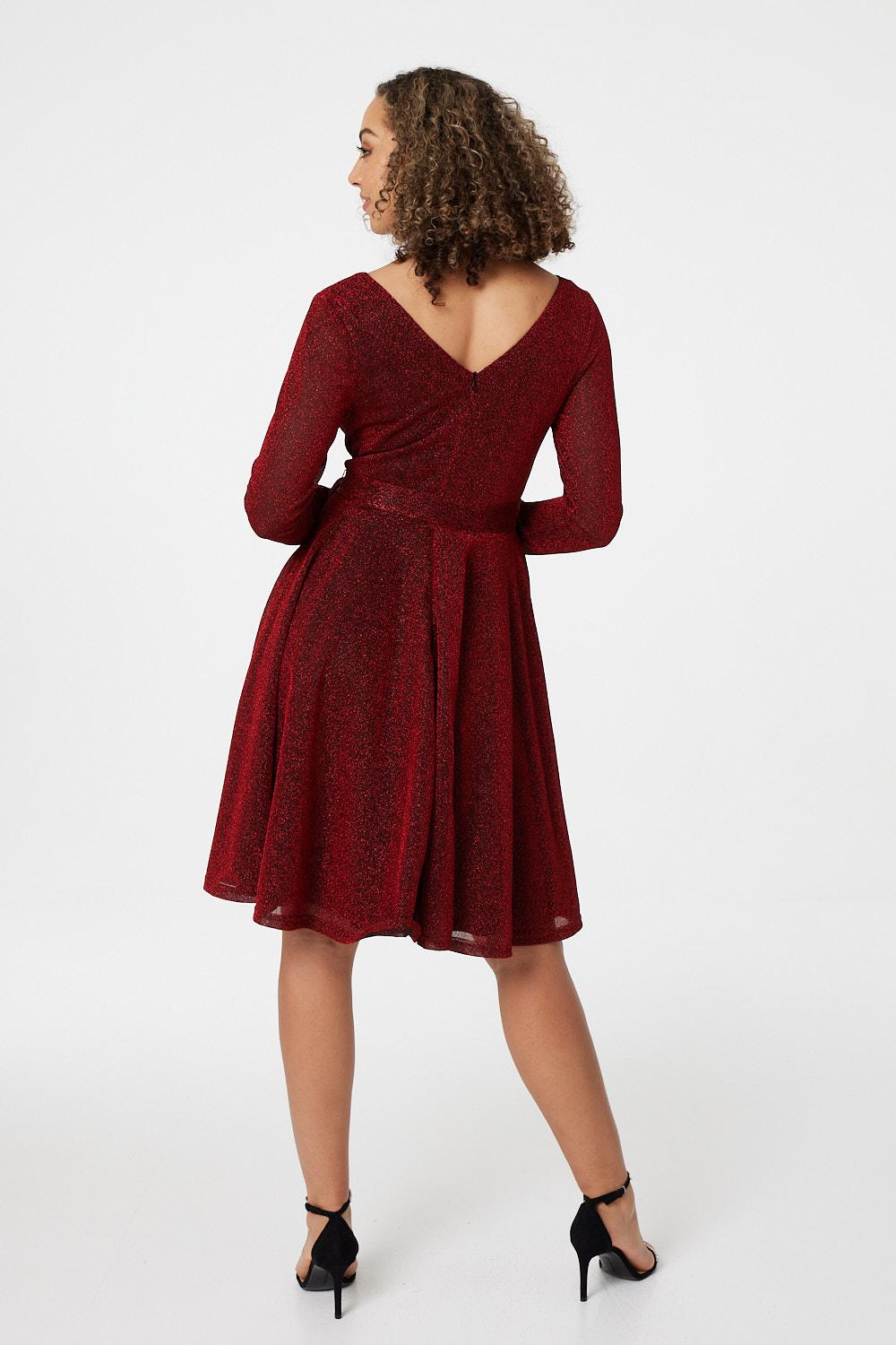 Red | Lurex Wrap Front Fit & Flare Dress