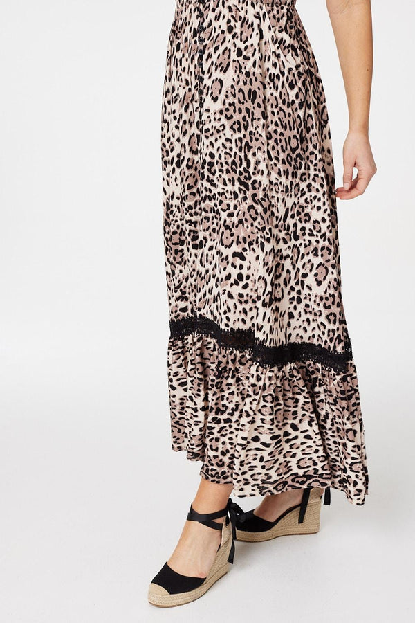 Beige | Animal Print Lace Trim Maxi Dress