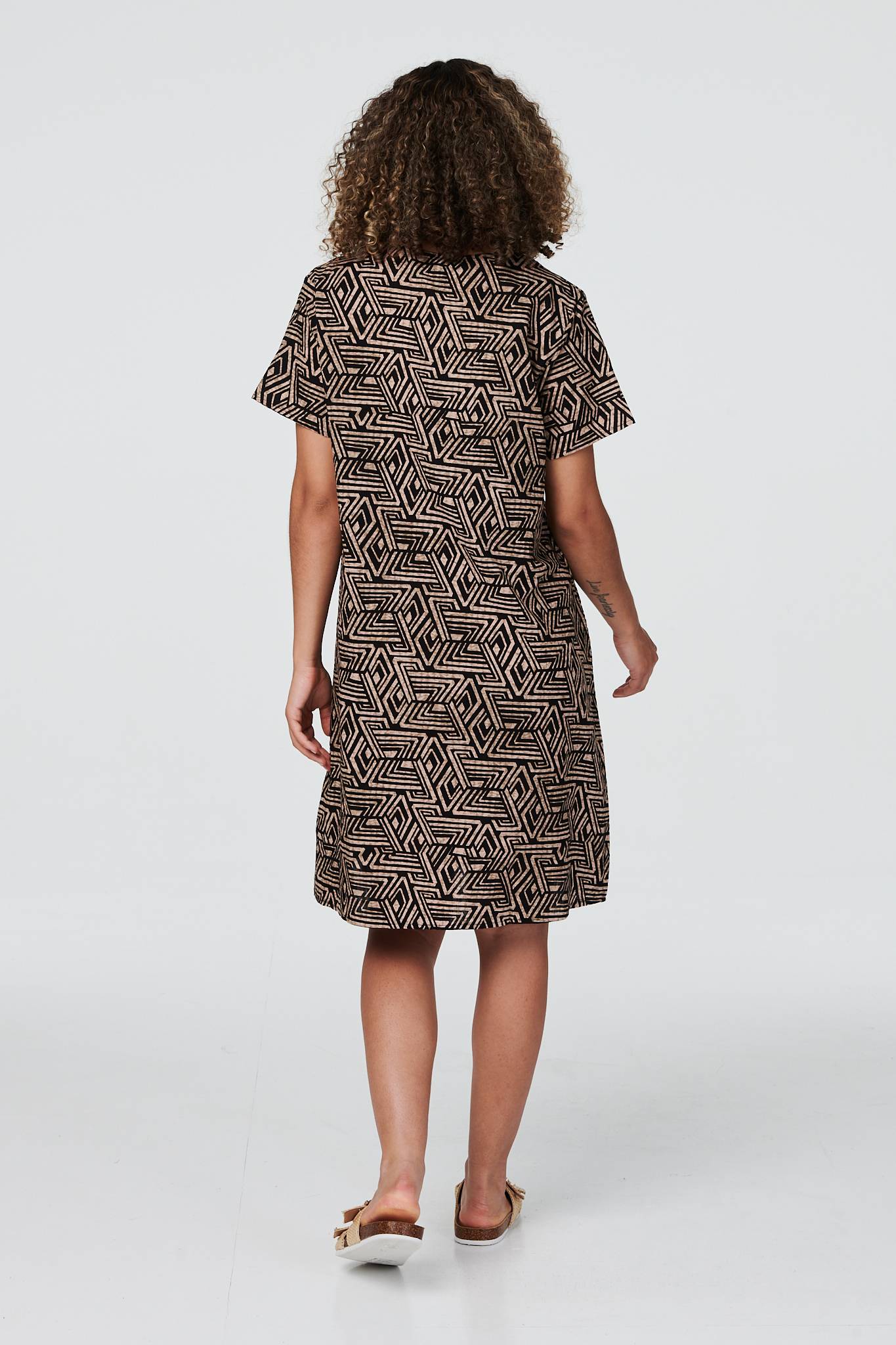Beige | Geo Print Short Sleeve Tunic Dress