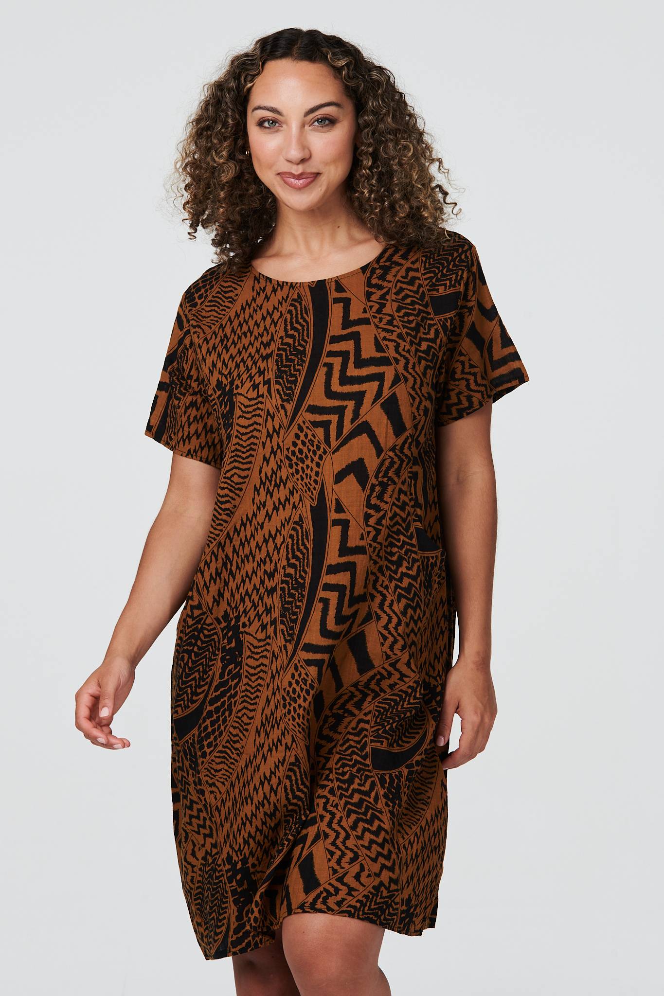 Mustard | Abstract Short Sleeve Tunic Dress