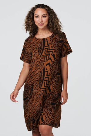Mustard | Abstract Short Sleeve Tunic Dress