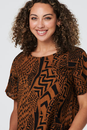 Mustard | Abstract Short Sleeve Tunic Dress