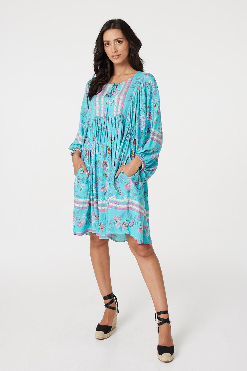 Turquoise | Vintage Floral Short Smock Dress
