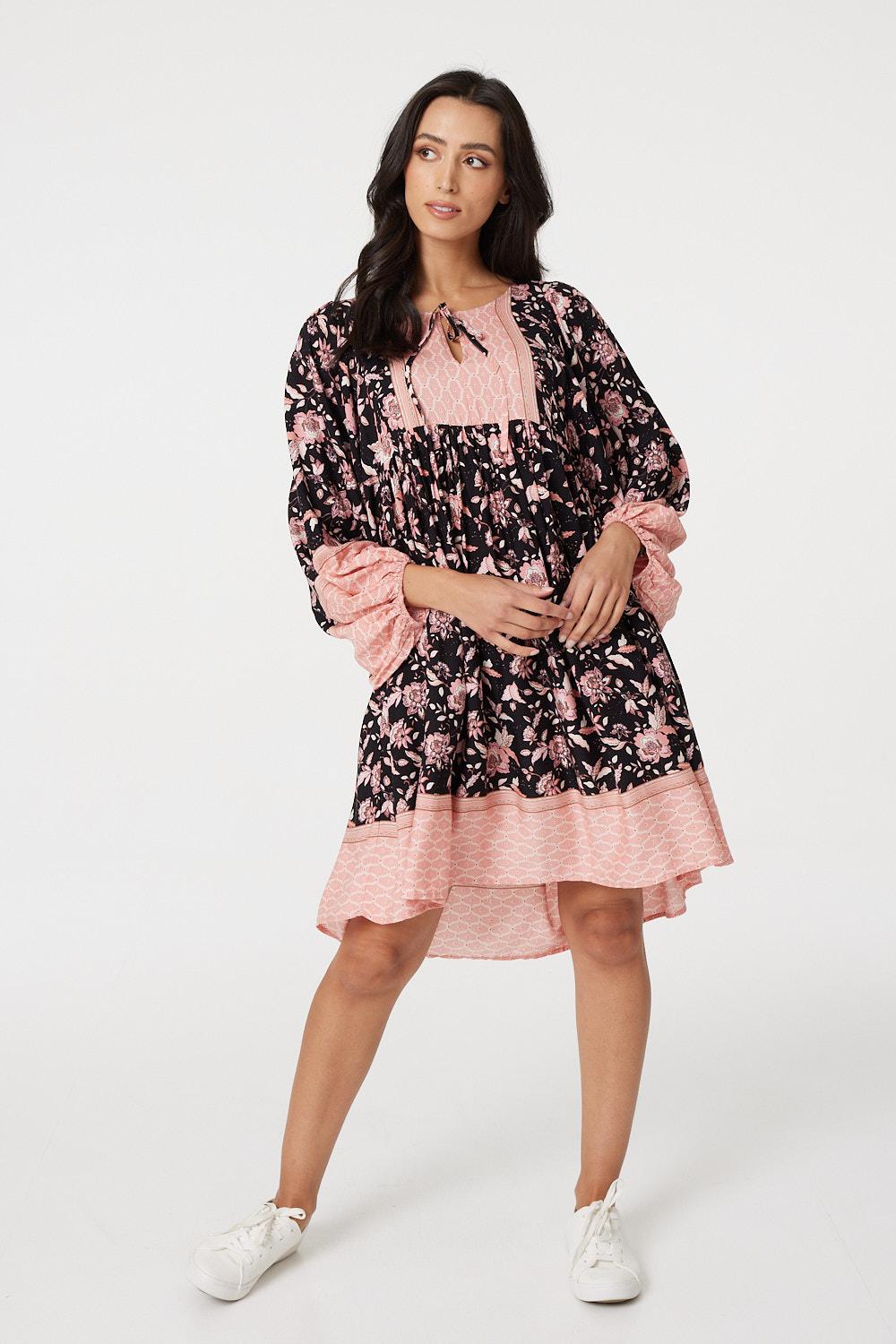 Black | Retro Floral Short Smock Dress