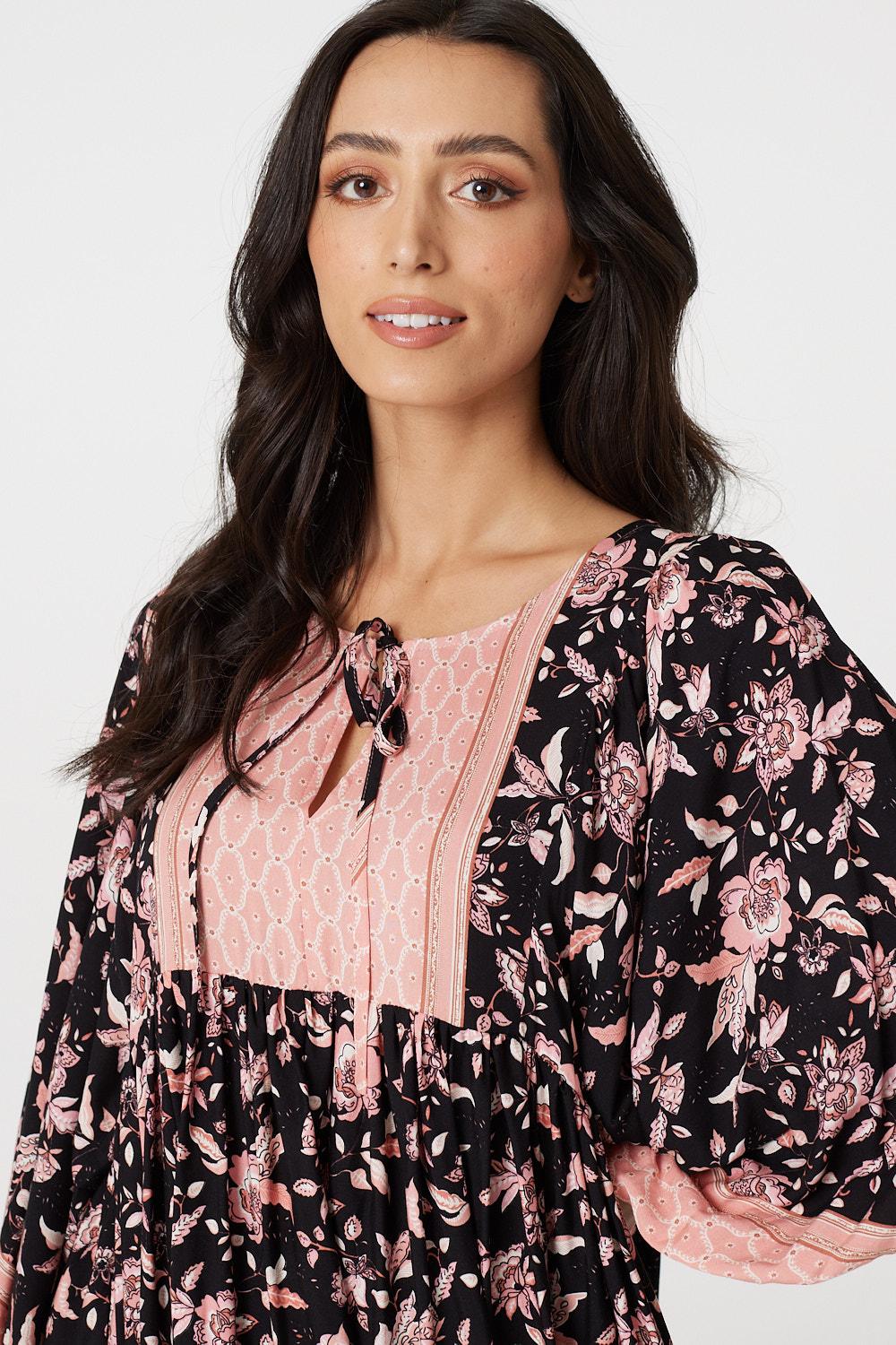 Black | Retro Floral Short Smock Dress
