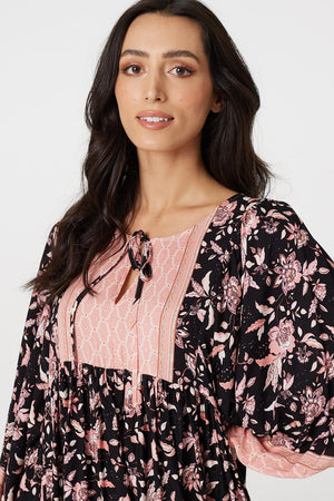 Black | Retro Floral Short Smock Dress