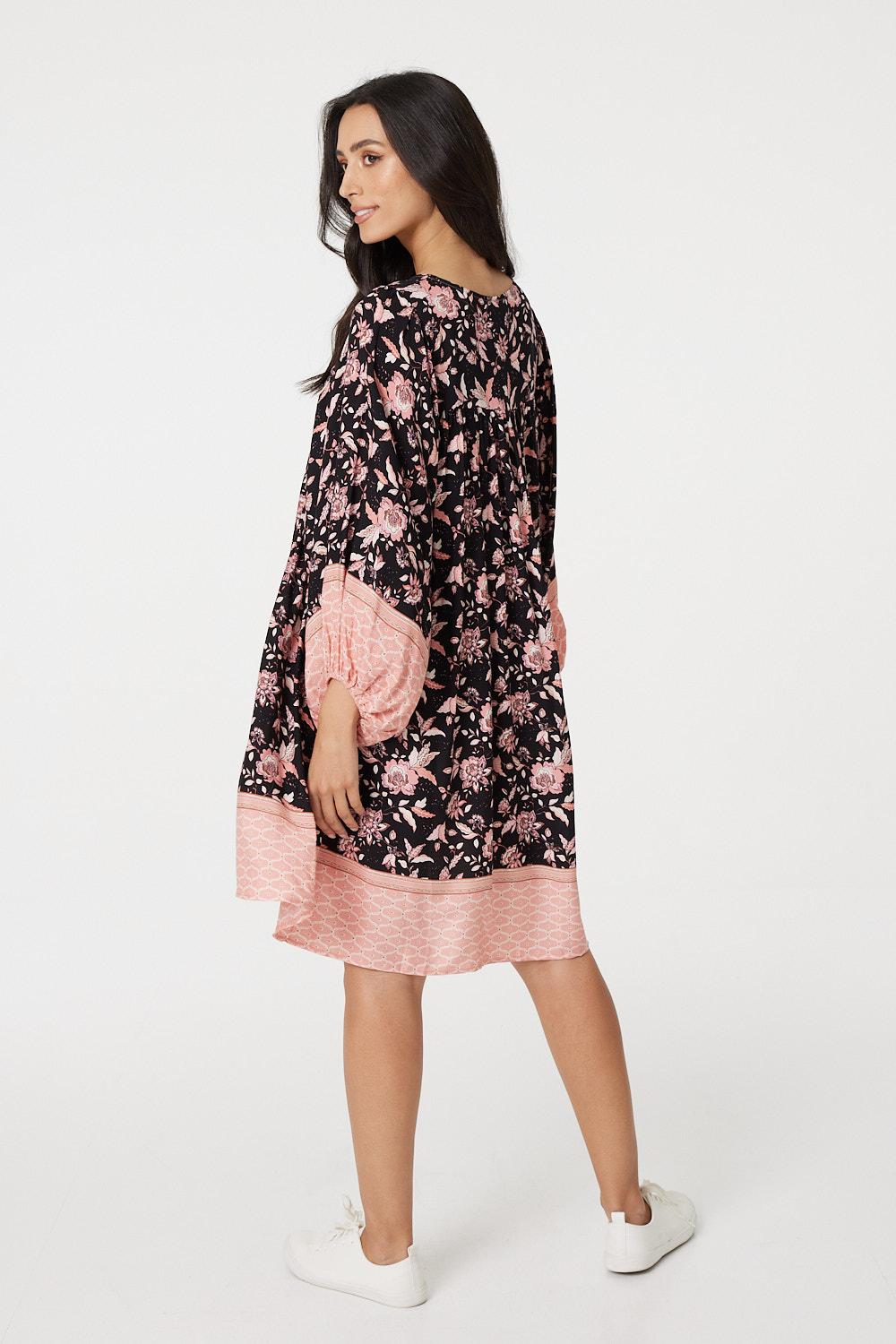 Black | Retro Floral Short Smock Dress