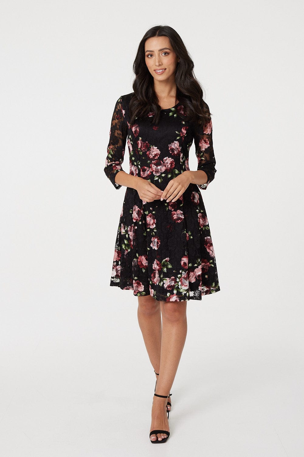 Pink | Floral Lace 3/4 Sleeve Skater Dress