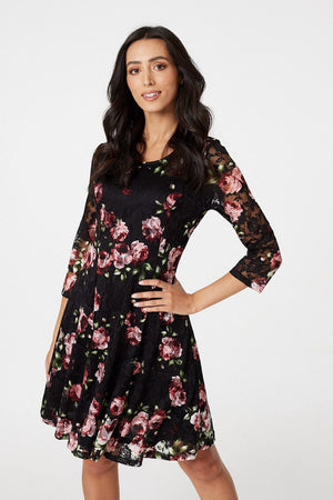 Pink | Floral Lace 3/4 Sleeve Skater Dress