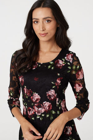 Pink | Floral Lace 3/4 Sleeve Skater Dress