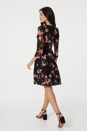Pink | Floral Lace 3/4 Sleeve Skater Dress