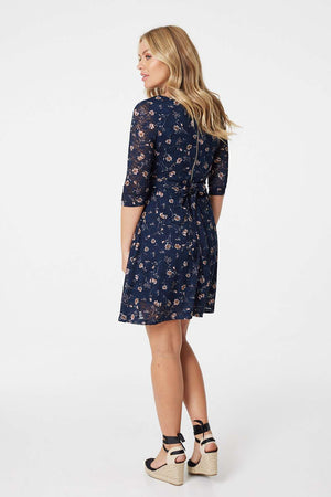 Teal | Floral Lace 3/4 Sleeve Short Dress