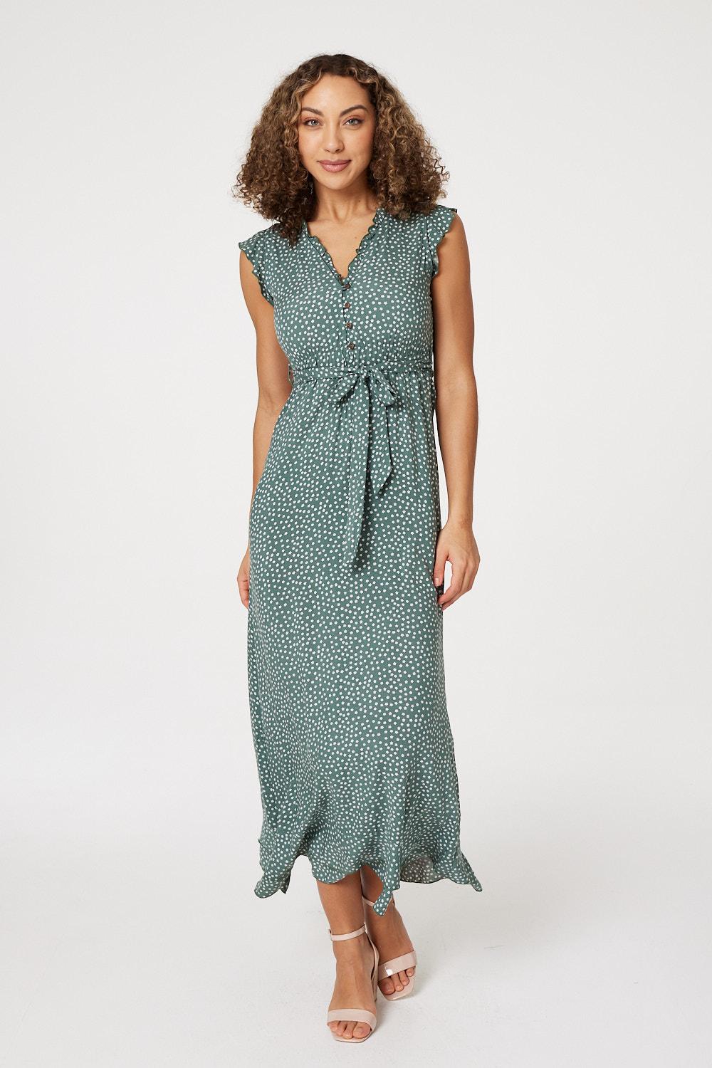 Sage | Floral Frill Sleeve Midi Dress