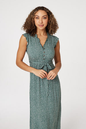 Sage | Floral Frill Sleeve Midi Dress