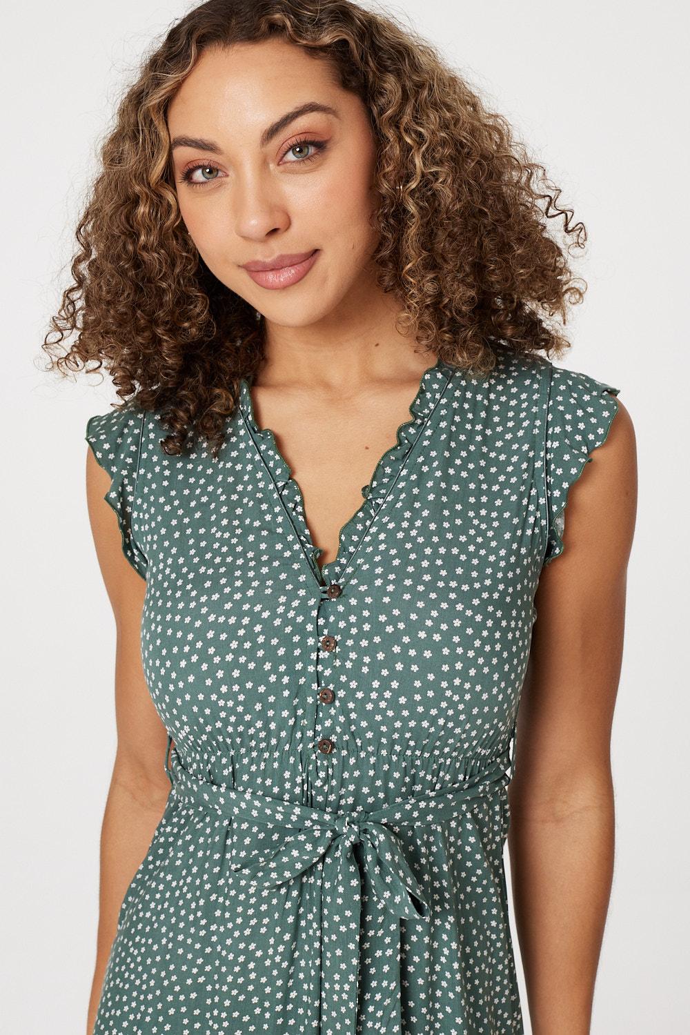 Sage | Floral Frill Sleeve Midi Dress