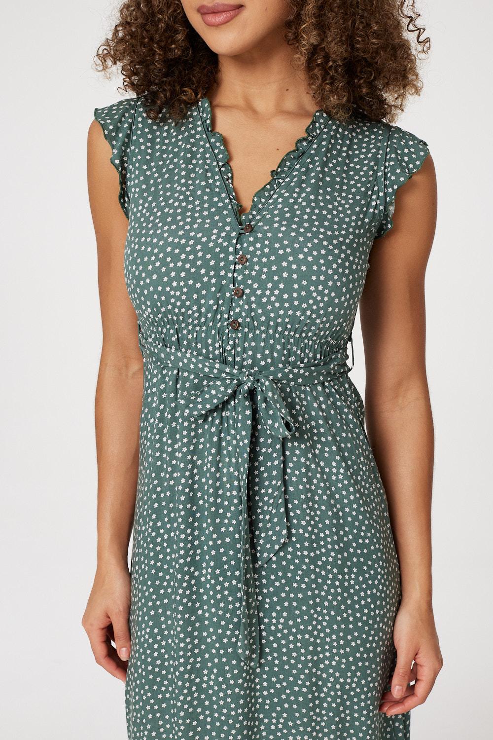 Sage | Floral Frill Sleeve Midi Dress
