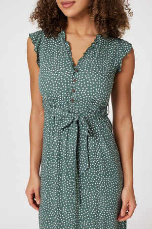 Sage | Floral Frill Sleeve Midi Dress
