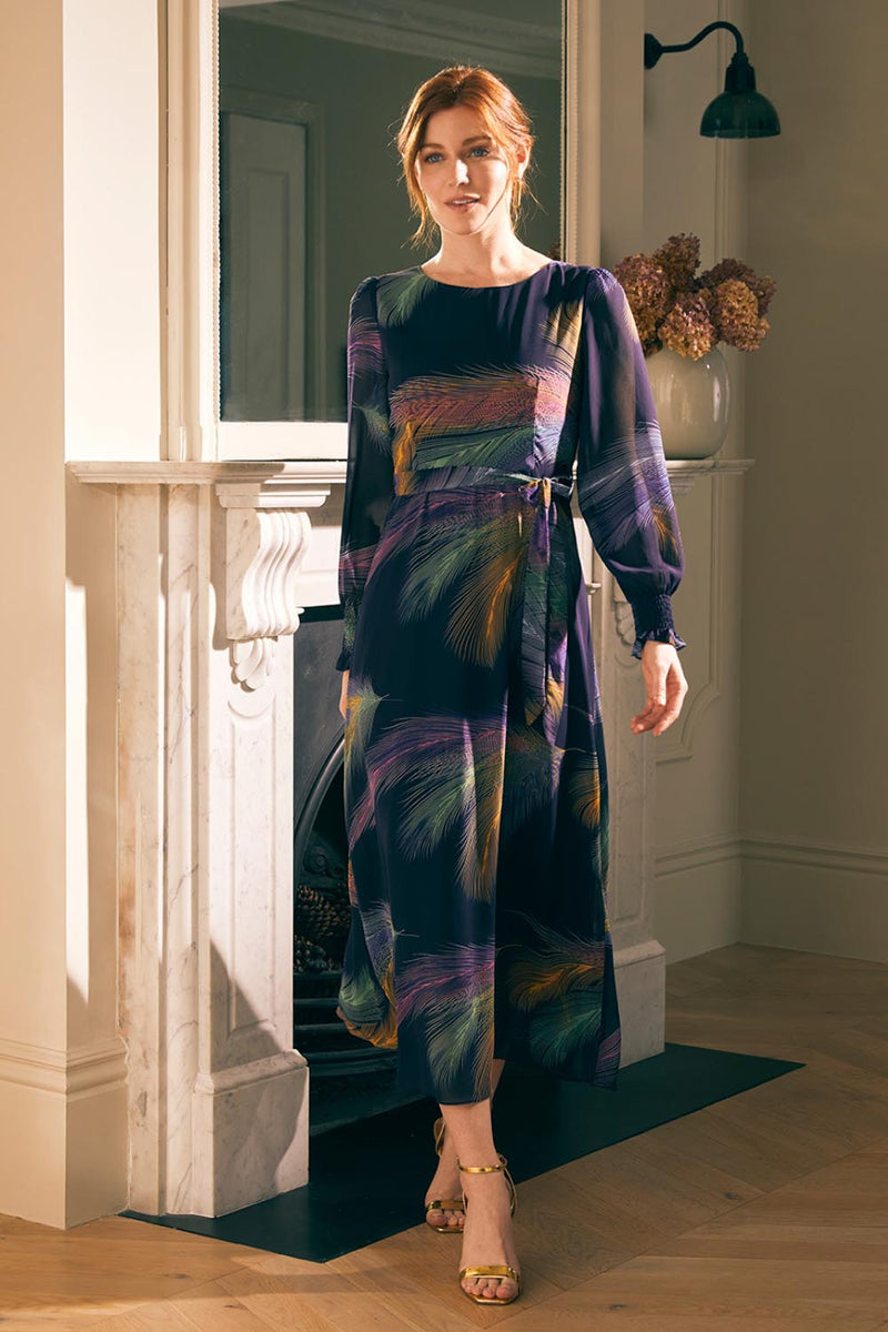 Navy | Printed Long Sleeve Midi Dress