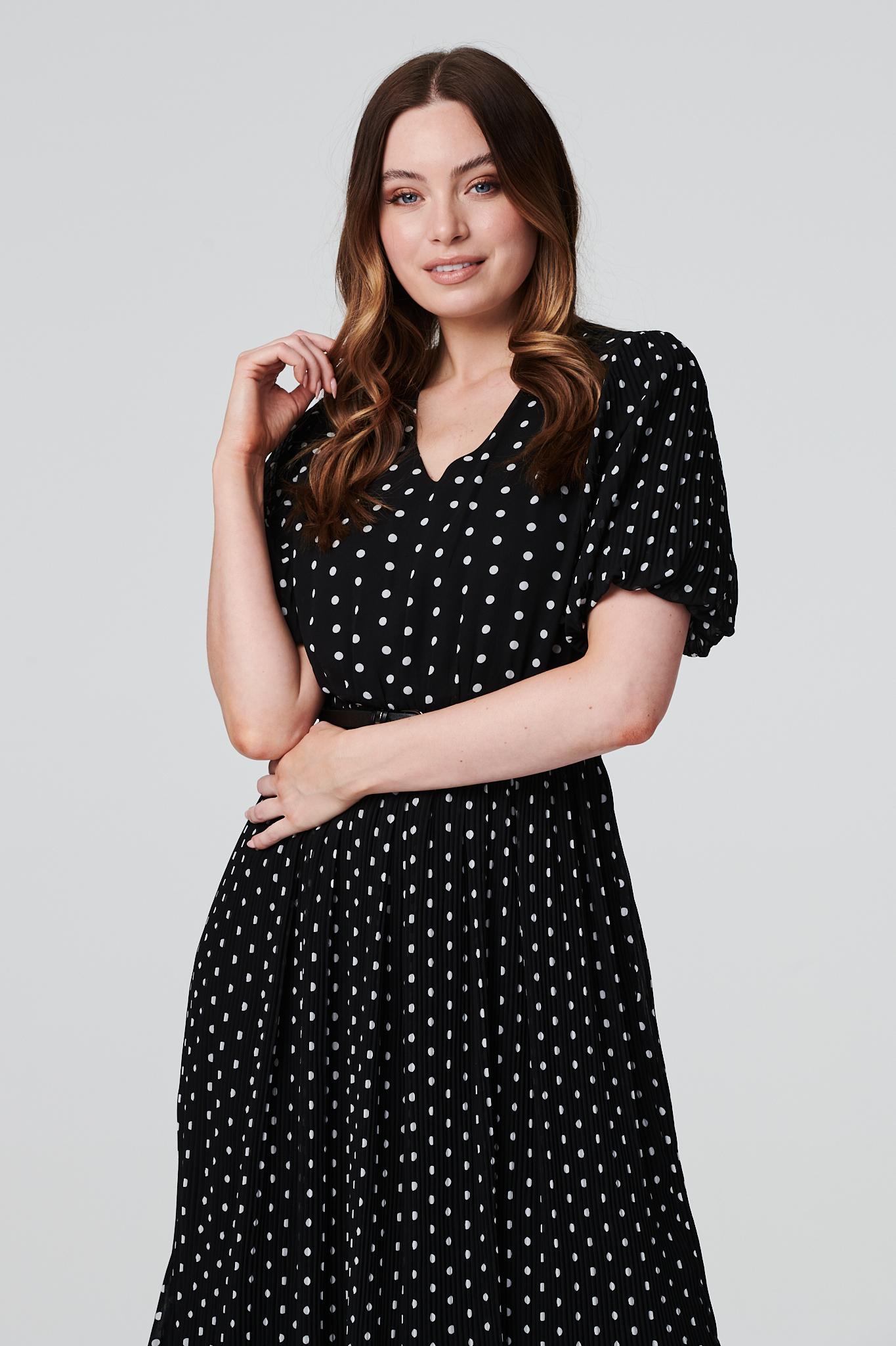 Polka Dot Pleated Midi Dress