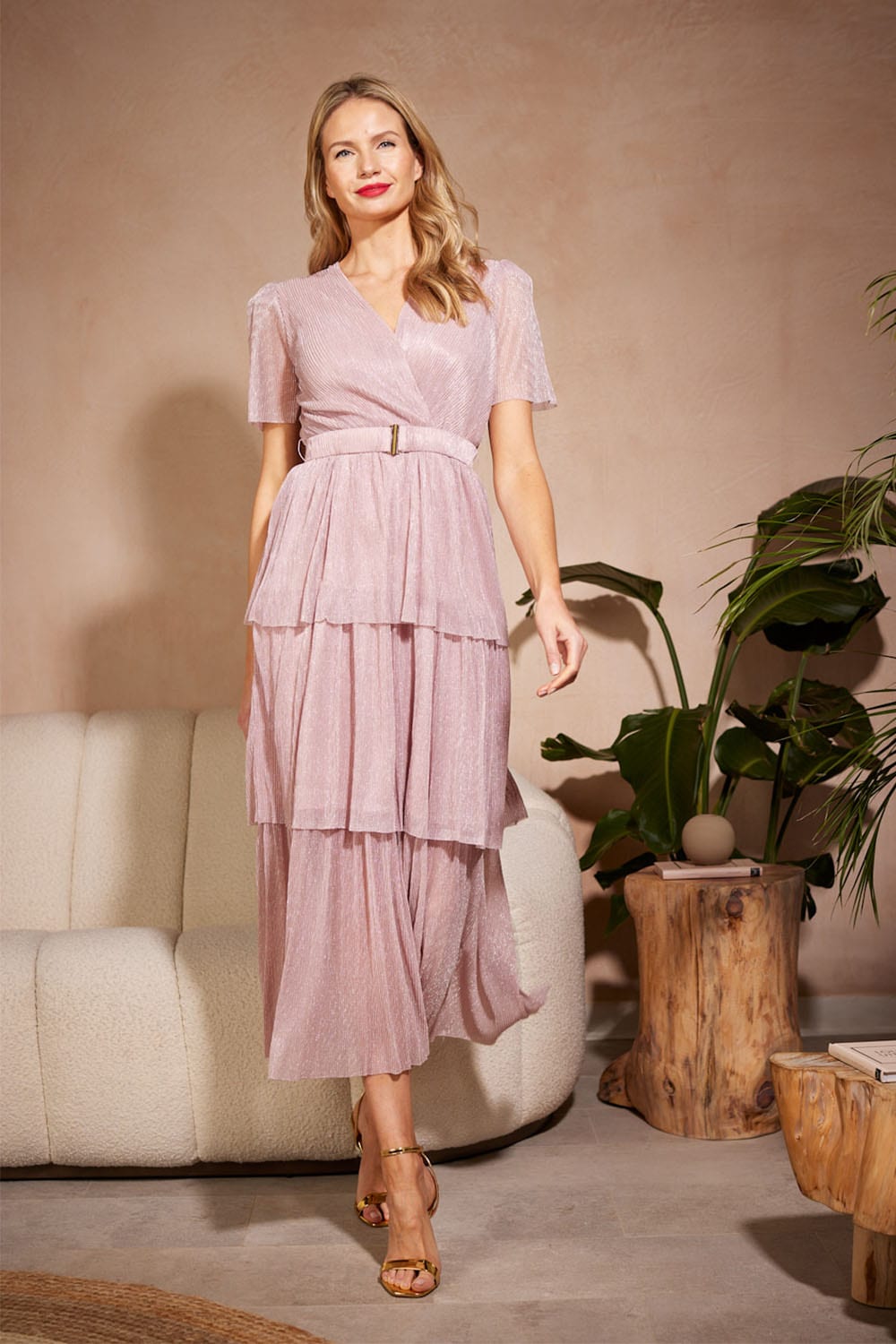Pink | Lurex Wrap Front Tiered Midi Dress
